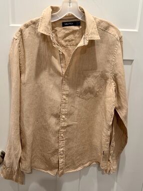 Nautica Linen Button Up Shirt Mens Medium Tan Long Sleeve Lightweight